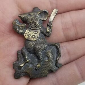 Vintage JJ Mouse and Cheese Bronze Color Brooch, Novelty Animal Lapel Pin